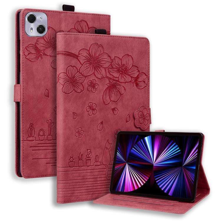 For Tecno MegaPad Pro 12 Cartoon Sakura Cat Embossed Leather Tablet Case(Red)