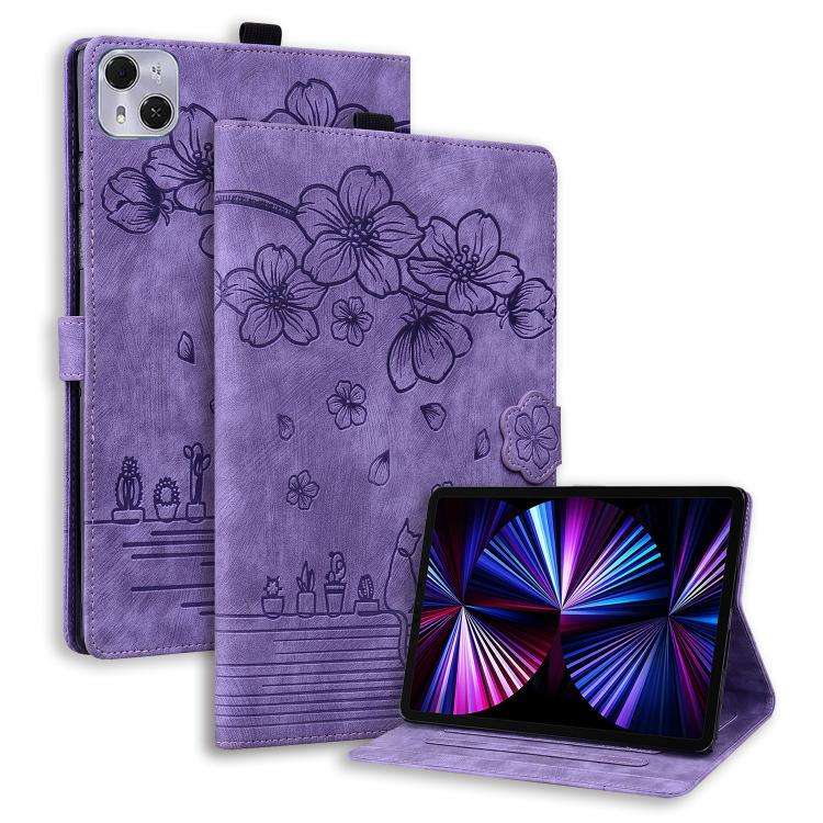 For Tecno MegaPad Pro 12 Cartoon Sakura Cat Embossed Leather Tablet Case(Purple)