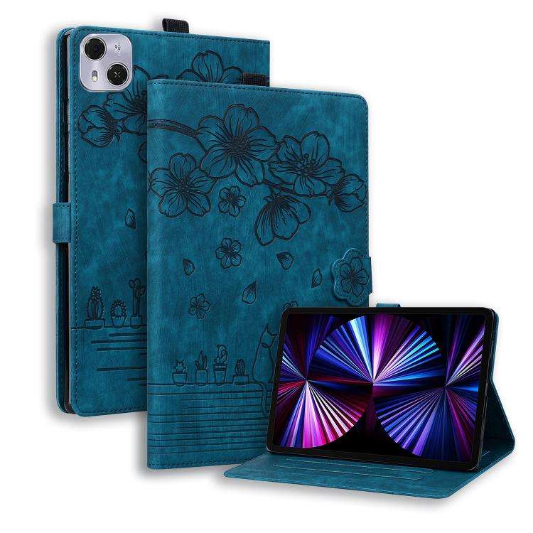 For Tecno MegaPad Pro 12 Cartoon Sakura Cat Embossed Leather Tablet Case(Blue)