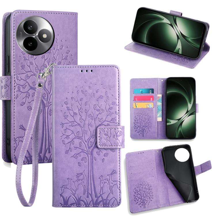 For Redmi K80 Ultra Tree & Deer Embossed Leather Phone Case(Purple)