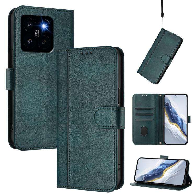 For Xiaomi 14 Pro 5G Line Splicing Buckle Retro Leather Phone Case(Dark Green)