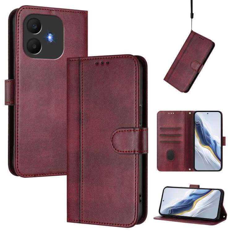 For TCL K70 Power 4G / K70 4G Line Splicing Buckle Retro Leather Phone Case(Wine Red)