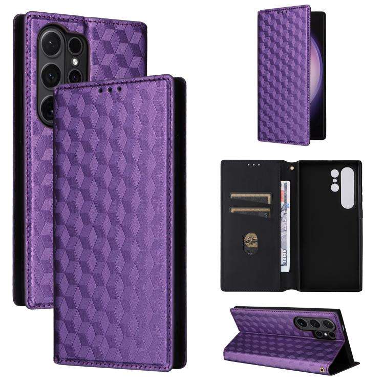 For Samsung Galaxy S24 Ultra 5G Cubic Grid Texture Flip Leather Phone Case(Purple)