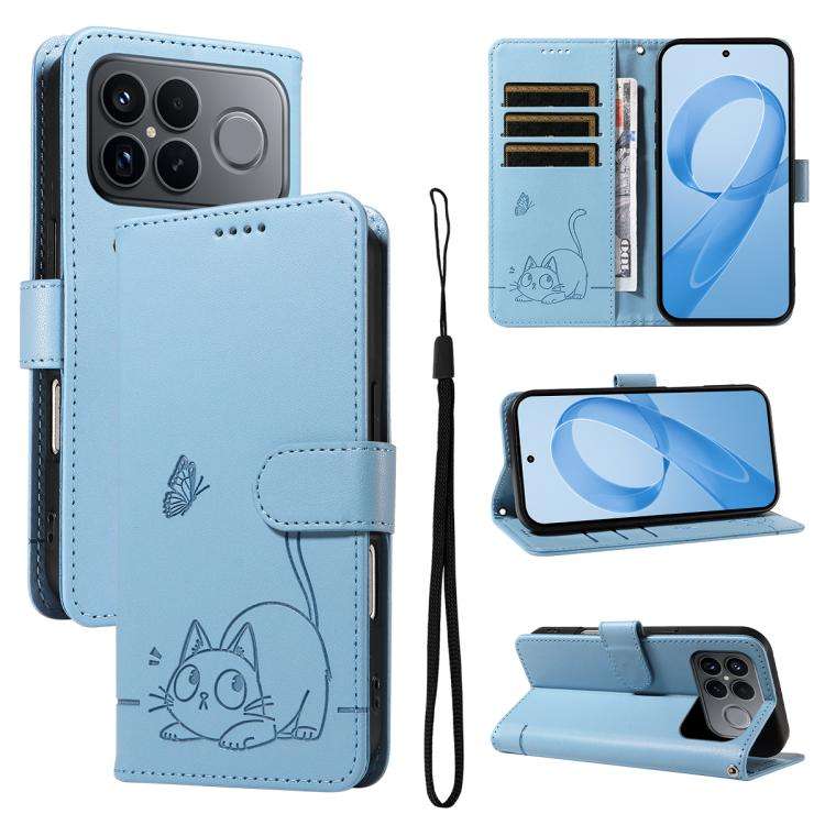 For Redmi K90 Pro Max/Poco F8 Ultra Adorable Cat Embossed Pattern Flip Leather Phon ... (Sky Blue)