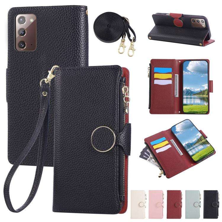For Samsung Galaxy Note20 Round Buckle Zipper Wallet Leather Phone Case with Crossbody ... (Black)