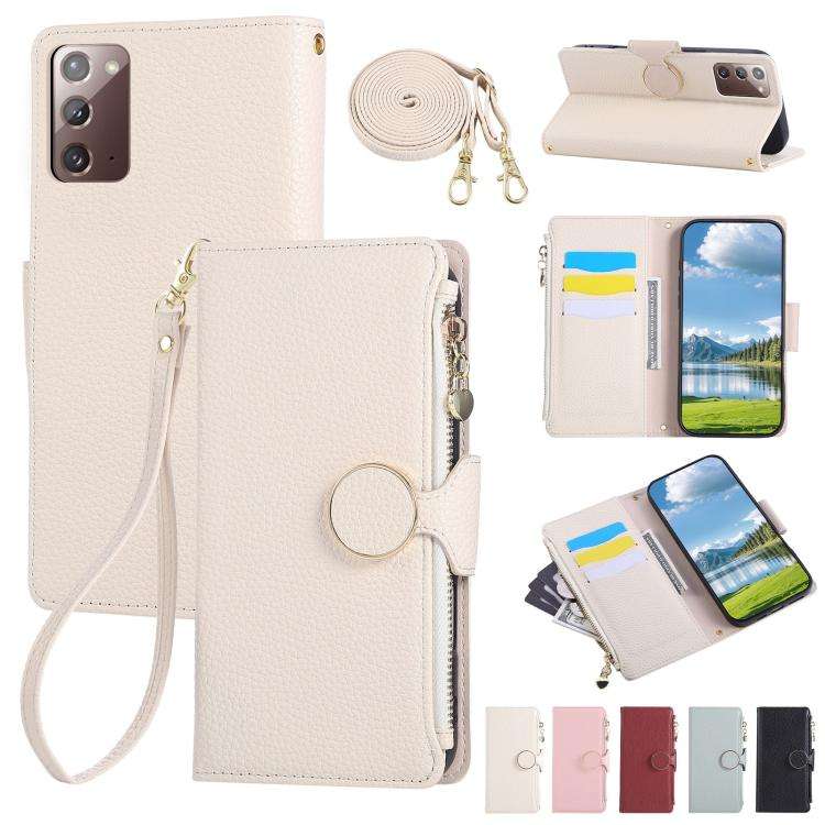 For Samsung Galaxy Note20 Round Buckle Zipper Wallet Leather Phone Case with Crossbody ... (White)