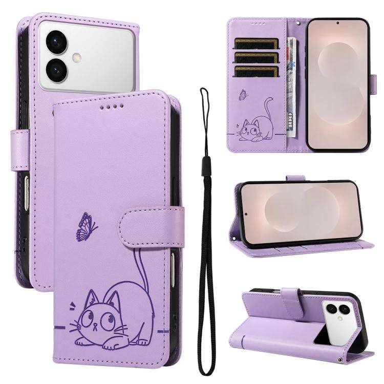 For Samsung Galaxy S26 Edge 5G Adorable Cat Embossed Pattern Flip Leather Phone Case(Purple)