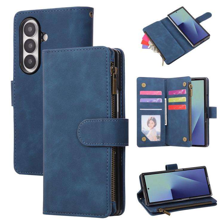 For Samsung Galaxy Z Fold7 5G Multifunctional Frosted Zipper Wallet Leather Phone Case(Blue)
