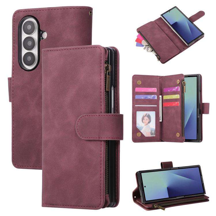 For Samsung Galaxy Z Fold7 5G Multifunctional Frosted Zipper Wallet Leather Phone Case(Wine Red)