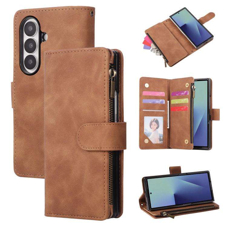 For Samsung Galaxy Z Fold7 5G Multifunctional Frosted Zipper Wallet Leather Phone Case(Brown)
