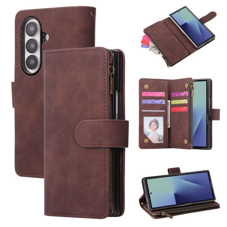 For Samsung Galaxy Z Fold7 5G Multifunctional Frosted Zipper Wallet Leather Phone Case(Coffee)