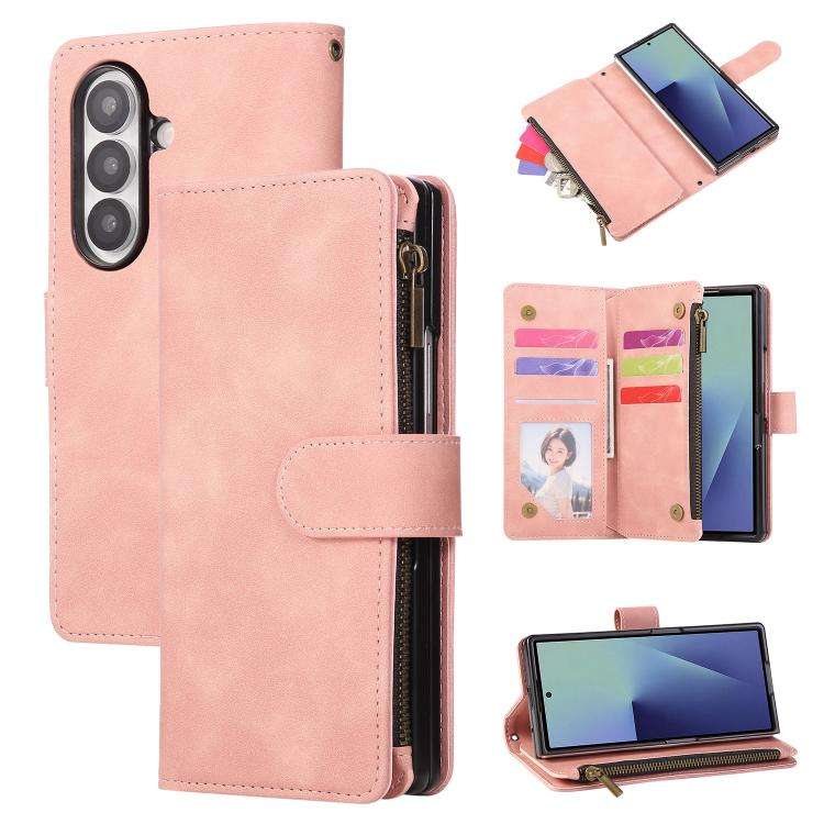 For Samsung Galaxy Z Fold7 5G Multifunctional Frosted Zipper Wallet Leather Phone Case(Pink)