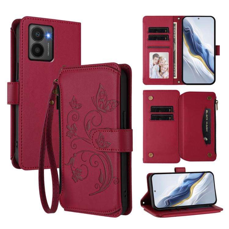 For HMD Fuison Butterfly Love Flower Multi-card Zipper Wallet Leather Phone Case(Wine Red)