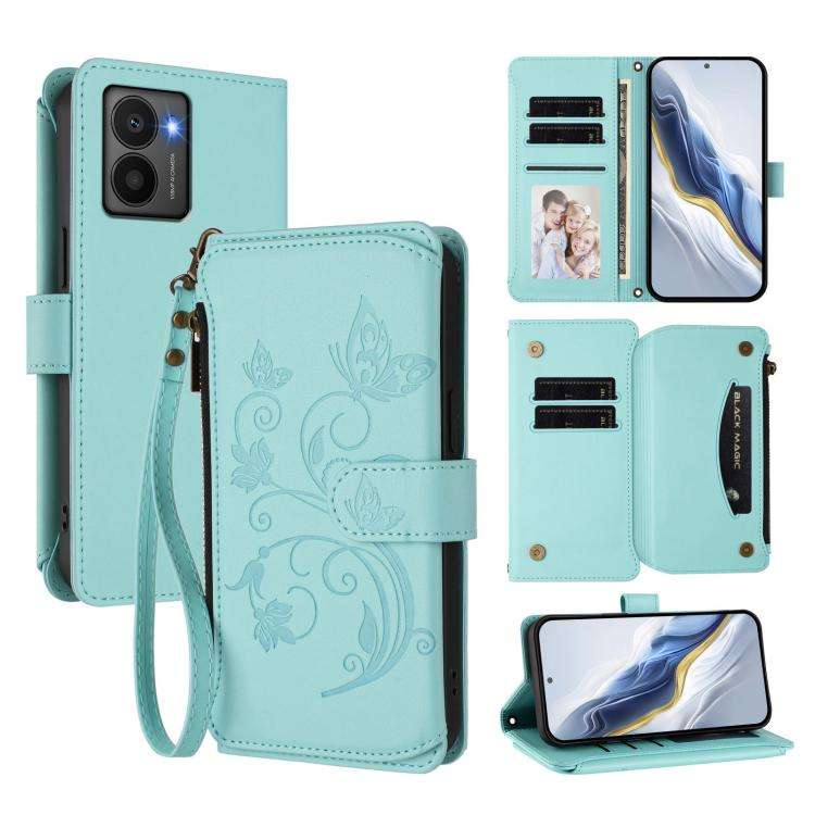 For HMD Fuison Butterfly Love Flower Multi-card Zipper Wallet Leather Phone Case(Mint Green)