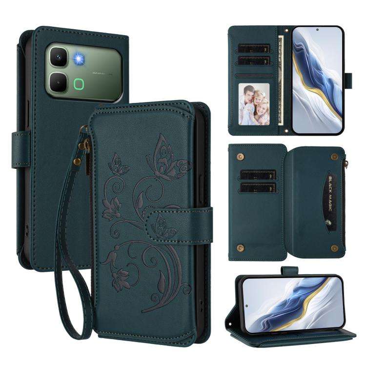 For Infinix Note Edge 5G Butterfly Love Flower Multi-card Zipper Wallet Leather P ... (Dark Green)