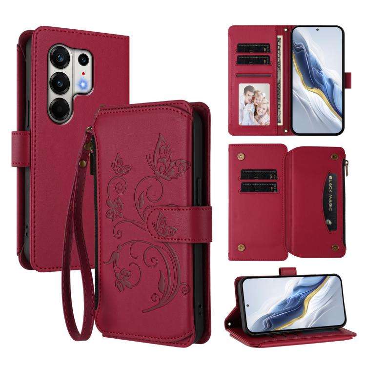 For Tecno Camon 50 Pro 4G Butterfly Love Flower Multi-card Zipper Wallet Leather Ph ... (Wine Red)