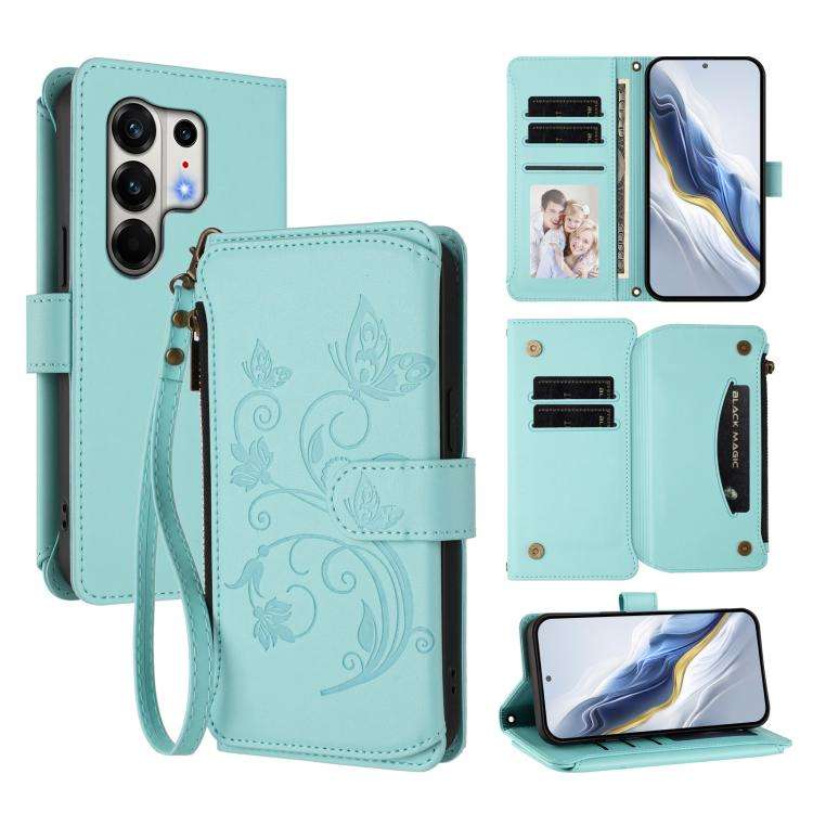 For Tecno Camon 50 Pro 4G Butterfly Love Flower Multi-card Zipper Wallet Leather ... (Mint Green)
