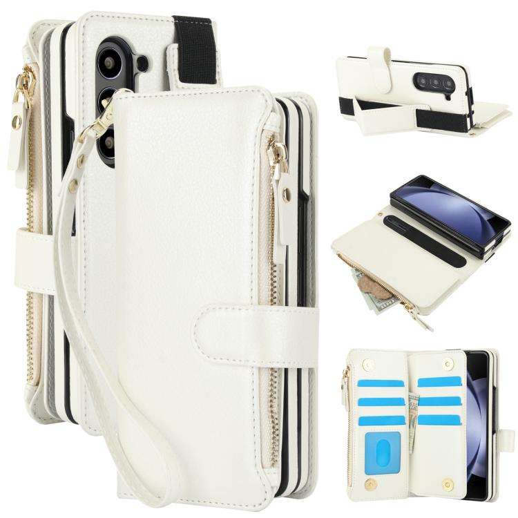 For Samsung Galaxy Z Fold7 Solid Color Wristband Wallet Folding Leather Phone Case wit ... (White)