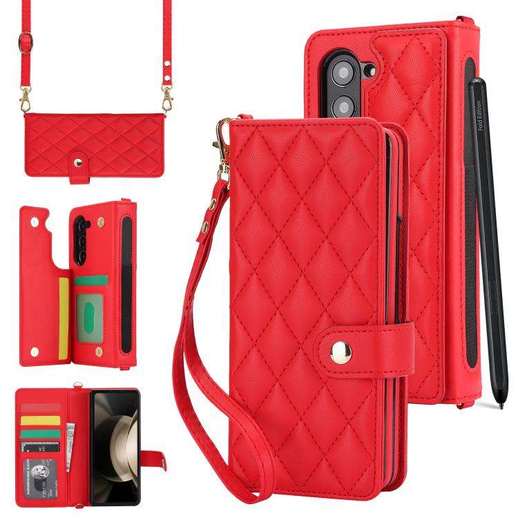 For Samsung Galaxy Z Fold7 Rhombic Texture Crossbody Multifunctional Leather Phone Case(Red)