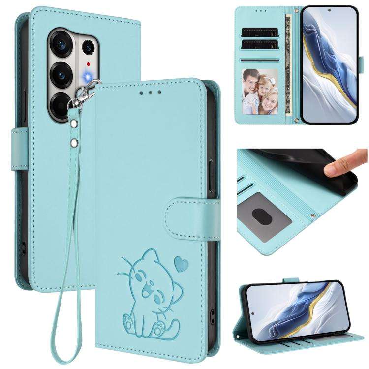 For Tecno Camon 50 Pro 4G Embossed Heart Cat Leather Phone Case with Hand Strap(Mint Green)