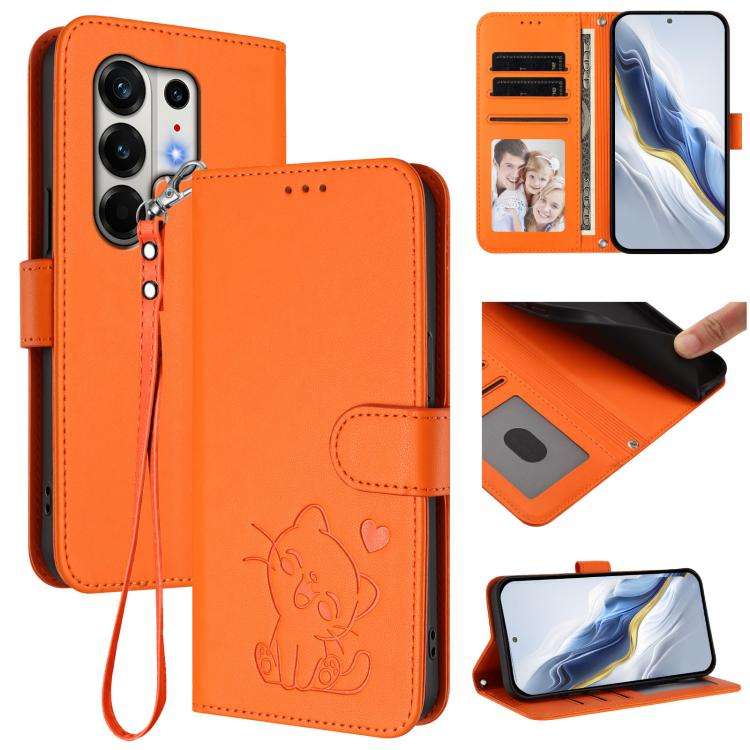 For Tecno Camon 50 Pro 4G Embossed Heart Cat Leather Phone Case with Hand Strap(Orange)