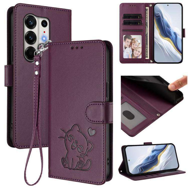 For Tecno Camon 50 Pro 4G Embossed Heart Cat Leather Phone Case with Hand Strap(Dark Purple)