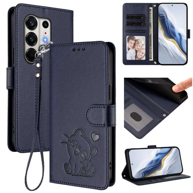 For Tecno Camon 50 Pro 4G Embossed Heart Cat Leather Phone Case with Hand Strap(Blue)