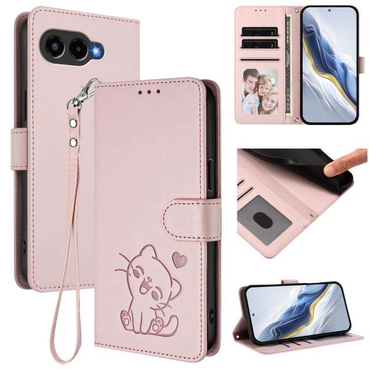 For T-Mobile Revvl 8 / T Phone 3 Embossed Heart Cat Leather Phone Case with Hand Strap(Pink)