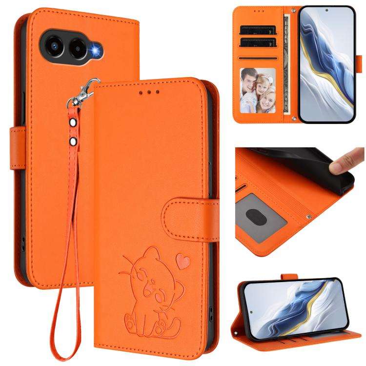 For T-Mobile Revvl 8 / T Phone 3 Embossed Heart Cat Leather Phone Case with Hand Strap(Orange)
