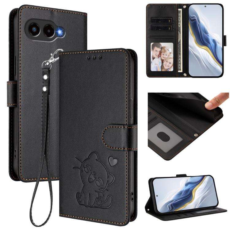 For T-Mobile Revvl 8 / T Phone 3 Embossed Heart Cat Leather Phone Case with Hand Strap(Black)