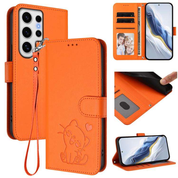 For Samsung Galaxy S24 Ultra 5G Embossed Heart Cat Leather Phone Case with Hand Strap(Orange)