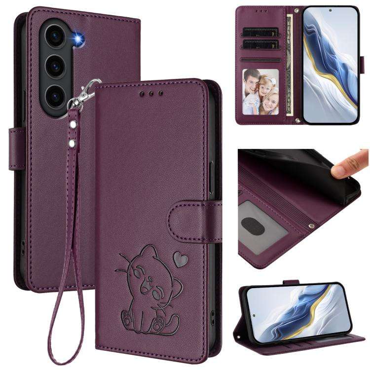For Samsung Galaxy S23 5G Embossed Heart Cat Leather Phone Case with Hand Strap(Dark Purple)