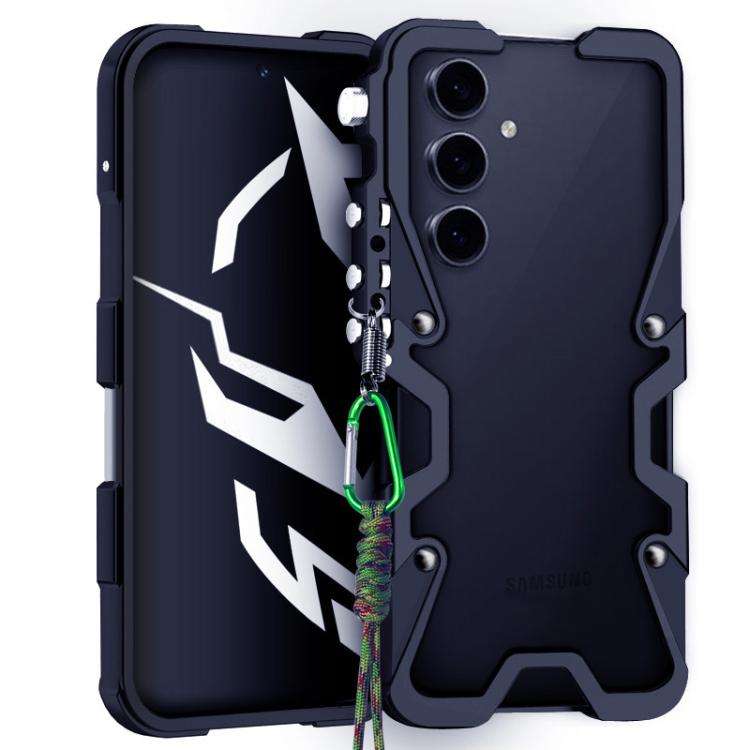 For Samsung Galaxy S24 FE 5G Trigger Design Hollow Metal Frame Phone Case with Lanyard(Black)