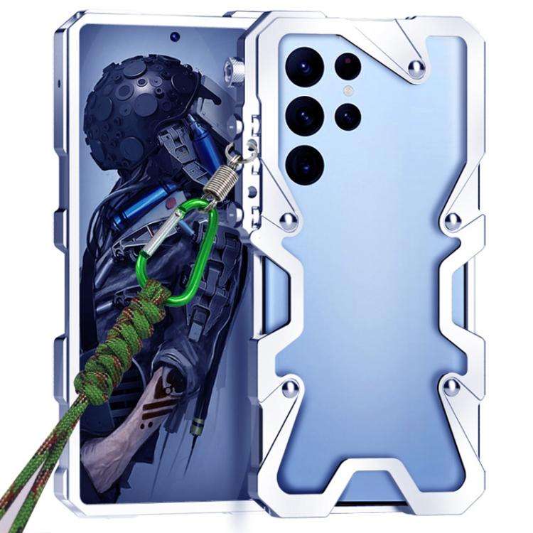For Samsung Galaxy S22 Ultra 5G Trigger Design Hollow Metal Frame Phone Case with Lanyard(Silver)