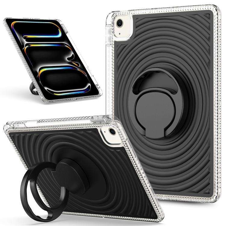 For iPad Air 11 2026 / 2025 / 2024 Wave Texture Rotating Holder Tablet Case with Pen Slot(Black)