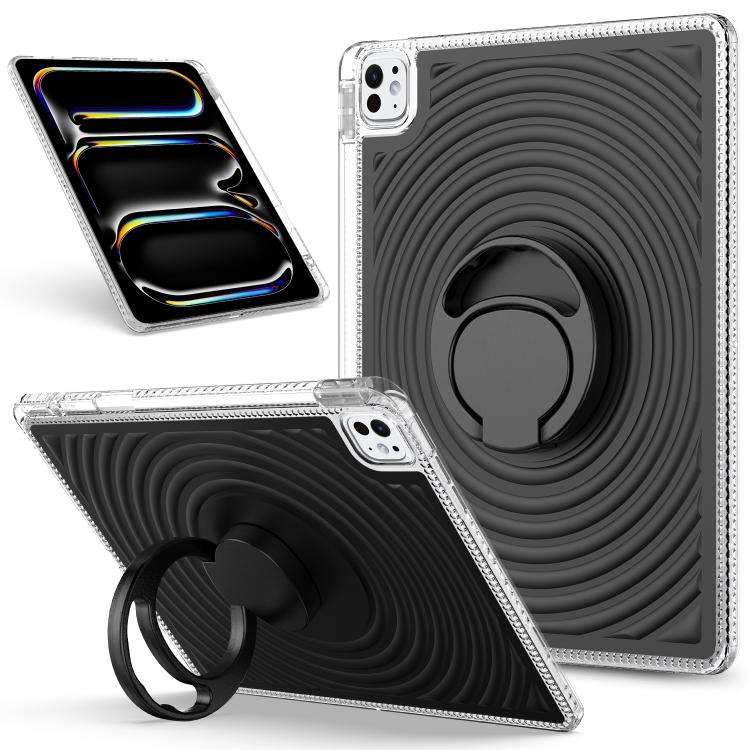 For iPad Air 13 2026 / 2025 / 2024 Wave Texture Rotating Holder Tablet Case with Pen Slot(Black)