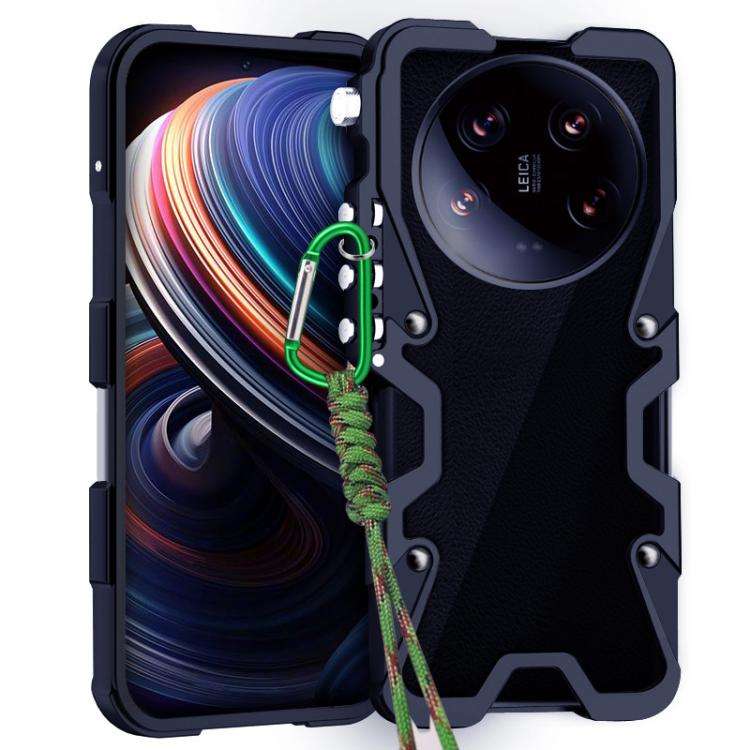 For Xiaomi 14 Ultra Trigger Design Hollow Metal Frame Phone Case with Lanyard(Black)
