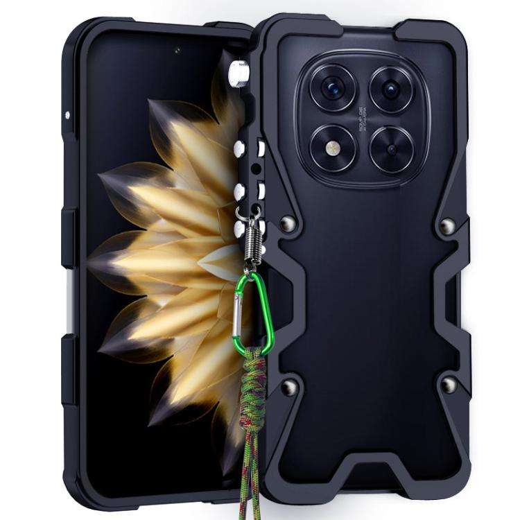 For Redmi Note 14 Pro+ 5G Trigger Design Hollow Metal Frame Phone Case with Lanyard(Black)