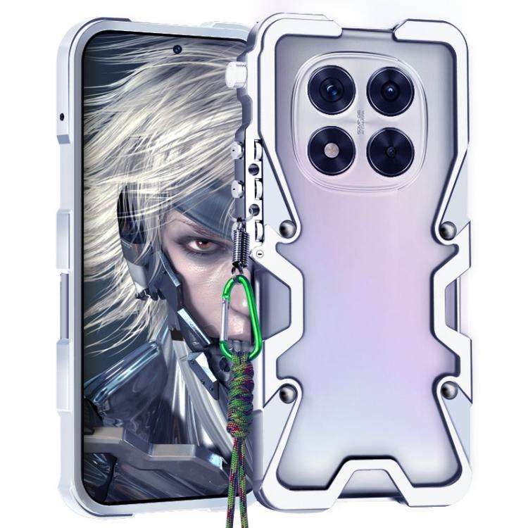 For Redmi Note 14 Pro+ 5G Trigger Design Hollow Metal Frame Phone Case with Lanyard(Silver)