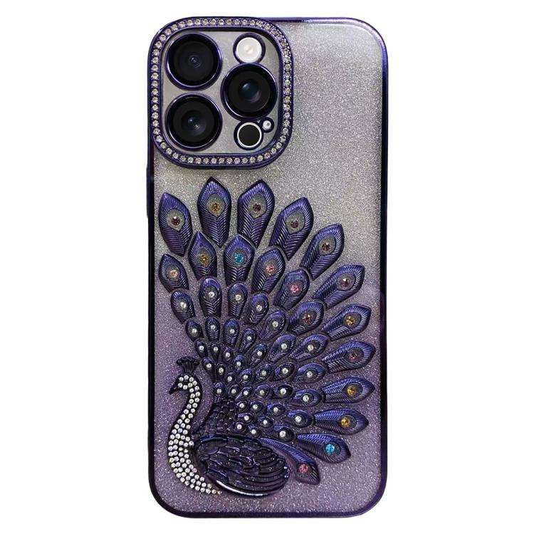 For iPhone 14 Pro Max Electroplated TPU Peacock Relief Rhinestone Glitter Phone Case ... (Purple)