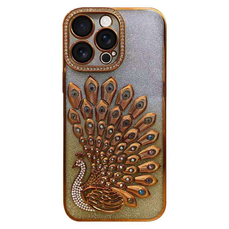 For iPhone 14 Pro Max Electroplated TPU Peacock Relief Rhinestone Glitter Phone Case ... (Orange)