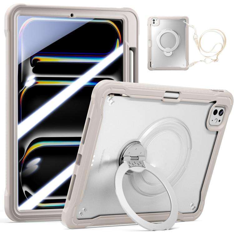 For iPad Pro 11 2025 / 2024 Powerful Sailor Metal Holder Hybrid Tablet Case with Strap ... (Khaki)