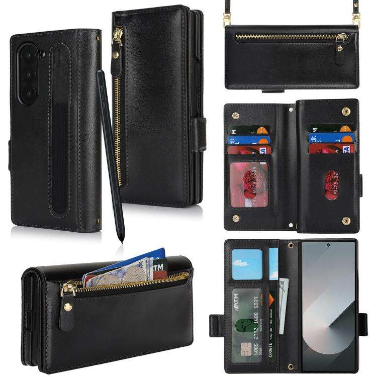 For Samsung Galaxy Z Fold6 Crossbody Front Zipper Multi-Card Wallet Bag Vegan Leather ... (Black)