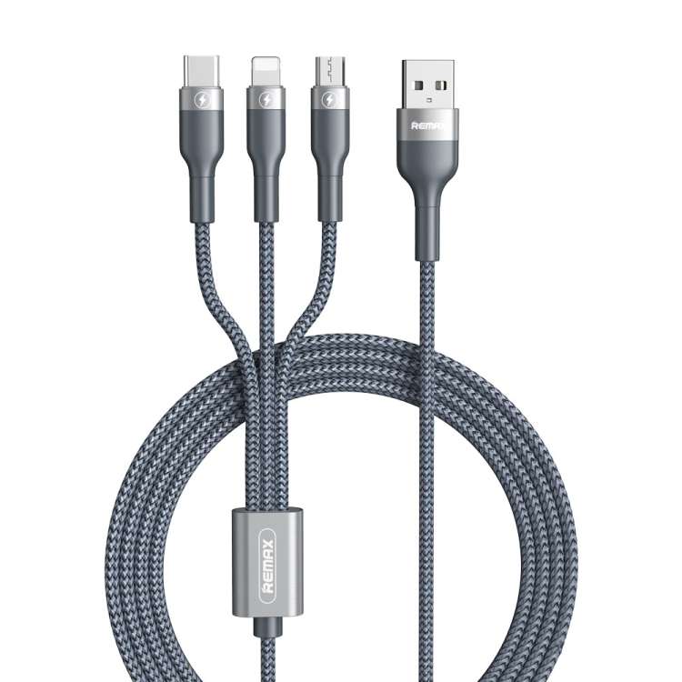 REMAX RC-070TH 1.2m 2A 3 in 1 USB to 8 Pin & USB-C / Type-C & Micro USB Charging Cable(Silver)