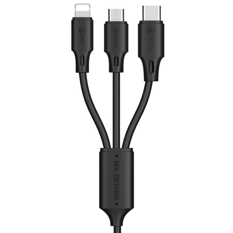 WK WDC-103 3A 3 In 1 8 Pin + Micro USB + Type-C / USB-C Fullspeed Pro Charging Data Ca ... (Black)