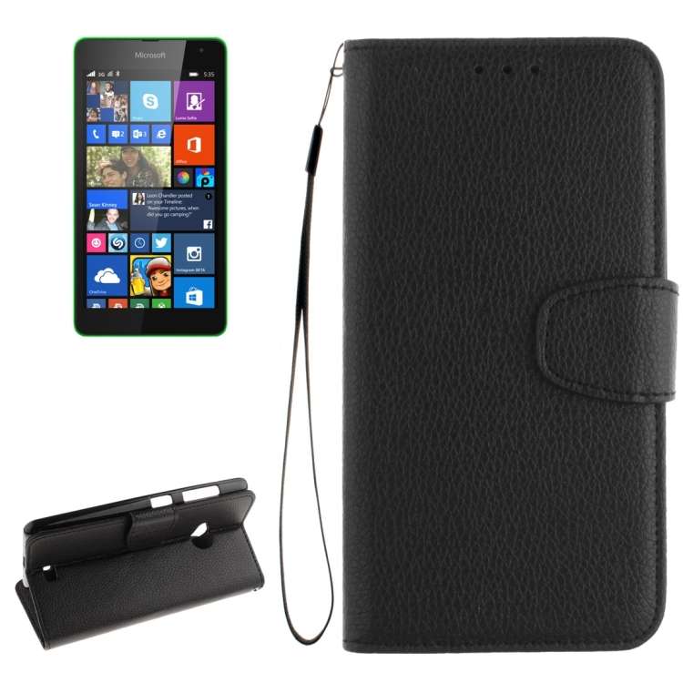 For Microsoft Lumia 535 Litchi Texture Horizontal Flip Leather Case with Holder & Card ... (Black)