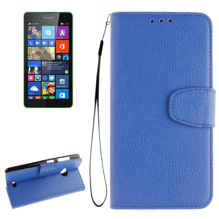 For Microsoft Lumia 535 Litchi Texture Horizontal Flip Leather Case with Holder & Card ... (Blue)
