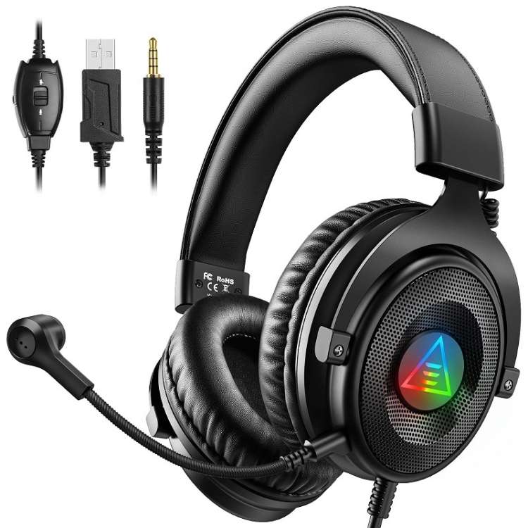 EKSA E900DL Standard 3D Surround Gaming Wire-Controlled Head-mounted USB Luminous Gami ... (Black)