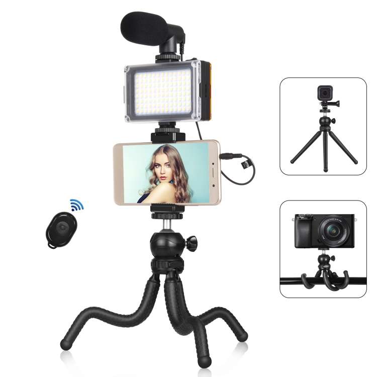 PULUZ 4 in 1 Vlogging Live Mini Octopus Bracket Kit + Studio Light + Microphone + Phon ... (Black)