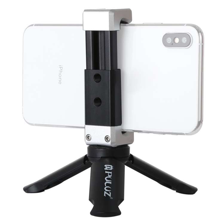 PULUZ Folding Plastic Tripod + Aluminum Alloy Clamp Bracket with Cold Shoe for iPhone, Galaxy, Hua
